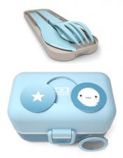 Zestaw niebieski: lunchbox Monbento Tresor + plastikowe sztućce