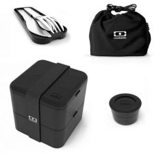 Zestaw Monbento czarny: MB Square + sztućce + torebka + pojemniczek na sosy