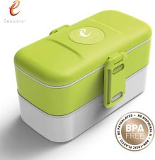 Dwupoziomowy szczelny lunchbox z 4 przegródkami i sztućcami w zestawie - Green White 1,2 litra