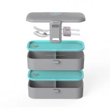 Dwupoziomowy lunchbox z 4 przegródkami i sztućcami w zestawie - Eseasons Dark Grey Blue 1,2 l