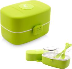Dwupoziomowy szczelny lunchbox ze sztućcami i dwoma pojemniczkami w zestawie - Eseasons Green White 1 litr