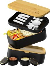 Umami - szczelny bento lunch box XXL 2 l z bambusową pokrywką + sztućce, przegródki i pojemniczki w zestawie