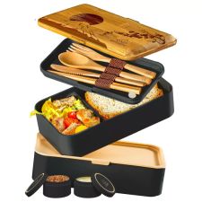 Umami - szczelny bento lunch box 1,2 l z bambusową pokrywką Fuji Mount + sztućce, przegródki i pojemniczki w zestawie