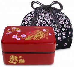 Dwupoziomowy, tradycyjny, japoński bentobox o pojemności 0,8 litra - ręcznie malowany - motyw ryby Koi